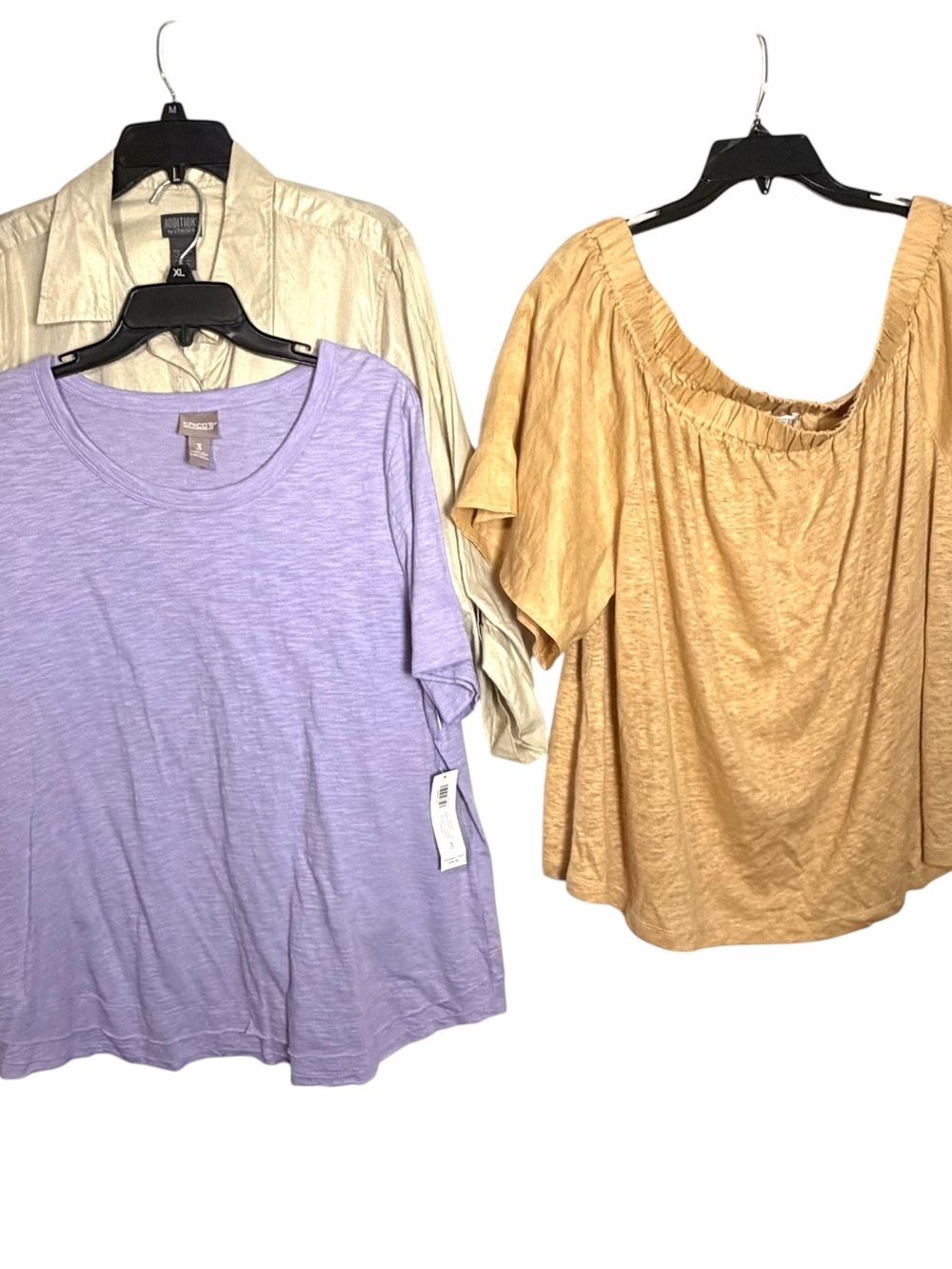 Chicos Size 3 XL Bundle Lot x 3 Tops Purple Tee Tan Off Shoulder Metallic Tunic